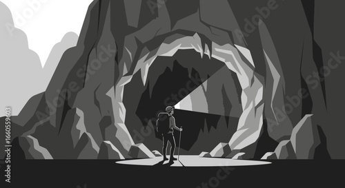 A Monochrome Illustration of a Hiker Exploring a Dark and Mysterious Cave Entrance
