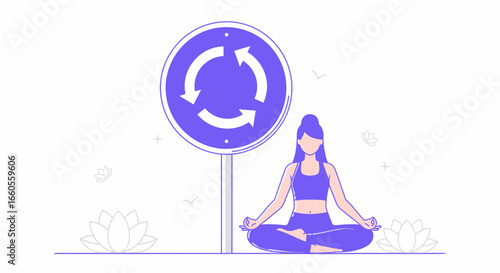 A minimalist illustration of a woman meditating near a roundabout sign promoting wellness and mindfulness in modern life