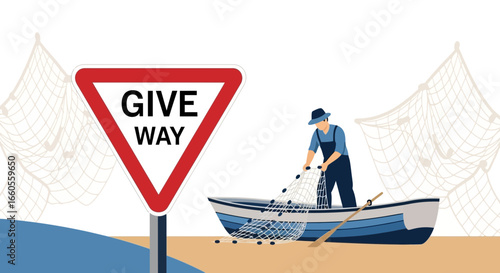A seaside scene featuring a fisherman, boat, fishing net and 'Give Way' sign illustrates coastal challenges and maritime regulations