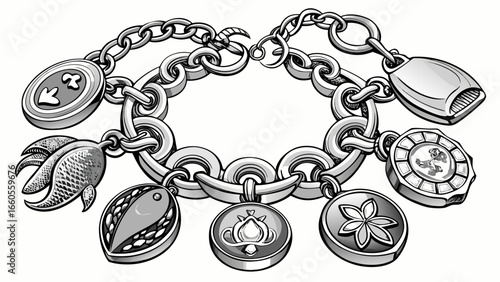Silver charm bracelet with engraved protective symbols and lobster clasp .white background, 