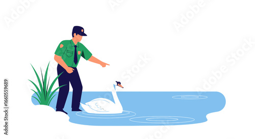 A uniformed ranger observes a graceful swan on a serene lake, pointing with authority and care, protecting the wildlife