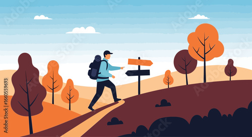 A vibrant vector illustration of a hiker navigating scenic trails with signs