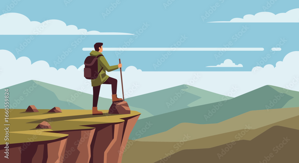Naklejka premium Achieving Goals Mountain Peak Hiker Scenic Landscape Adventure Vector Illustration