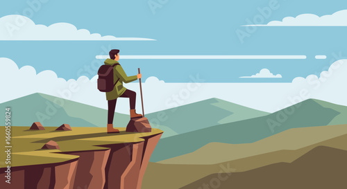 Achieving Goals Mountain Peak Hiker Scenic Landscape Adventure Vector Illustration