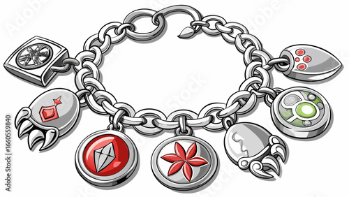 Silver charm bracelet with engraved protective symbols and lobster clasp .white background, 