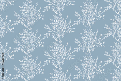 Abstract white on blue seamless pattern with leaves. Two-color vector floral pattern.