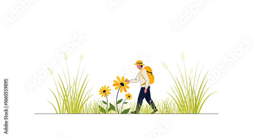 Admiring Blooms Traveler Pauses Amidst Golden Wildflowers During Idyllic Wanderings