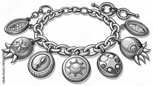 Silver charm bracelet with engraved protective symbols and lobster clasp .white background, 