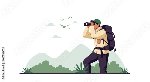 Adventure Awaits Hiker Observes Nature With Binoculars In Serene Mountain Scenery