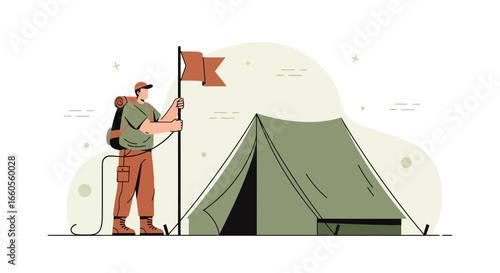 Adventure Awaits Vector Illustration of Hiker Setting Up Camp With Tent