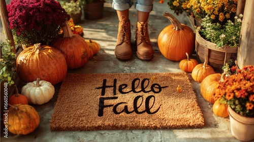 A Warm Welcome To Autumn Brown Boots On A Hello Fall Doormat Surrounded By Orange And White Pumpkins And Colorful Autumn Flowers