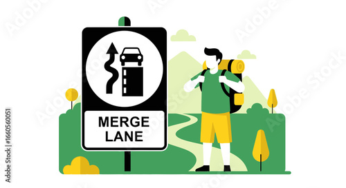 Adventure Beckons: A Hiker Pauses Beside Merge Lane Sign, Road Trip Ahead