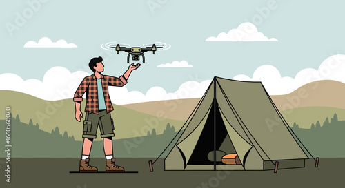 Adventure Seeker: Man Flying Drone While Camping Outdoors Exploring Nature