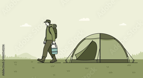 Adventurer Man On Camping Vacation Carrying Water Jug Near Tent Pitch