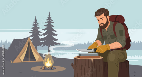 Adventurer Man Sharpening Knife Beside Campfire And Tent For Outdoor Activity