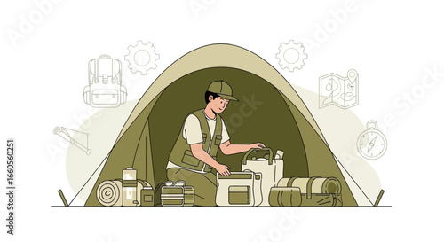 Adventurer Prepares Gear Inside Tent During Camping Trip In Nature Outdoors