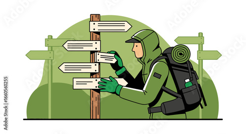 Adventurer Places A Sign On The Trail Indicating The Direction Of The Path