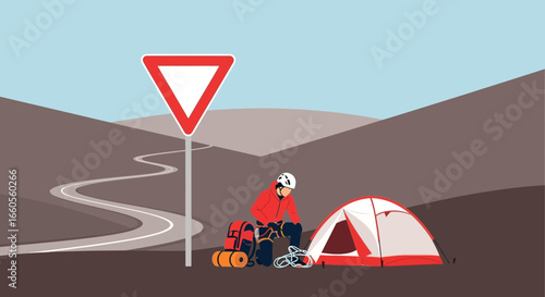 Adventurer Setting Up Camp Beside Curvy Road In Hilly Landscape Illustration