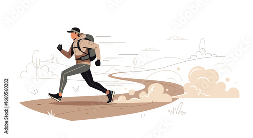 Adventurer Running At High Speed On A Dirt Road In A Minimalistic Landscape
