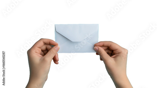 Hand holding a blank business card isolated on white background