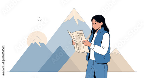 Adventurous Girl Exploring Nature Reading Road Map Amongst Mountain Landscape