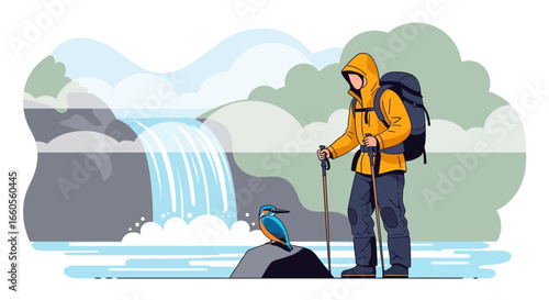 Adventurous Hiker Explores Nature Near Waterfall With Kingfisher Observing The Landscape