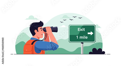 Adventurous Hiker Exploring New Route with Binoculars at Exit Point