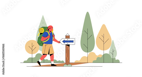 Adventurous Hiker Exploring Natural Trails with Backpack and Headscarf Vector Illustration
