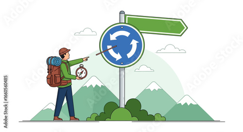 Adventurous Hiker Navigating A Roundabout With Compass In Mountainous Landscape
