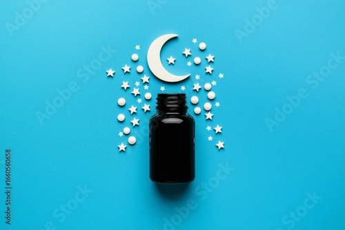 Sleep medicine concept with moon and star pills spilling from a bottle.