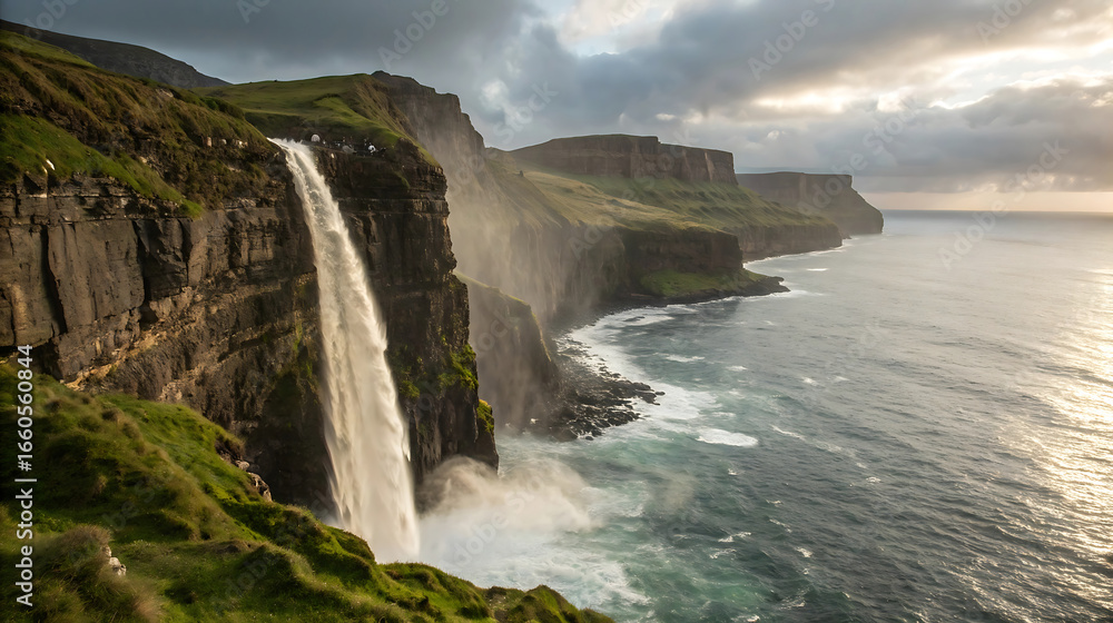 Fototapeta premium Majestic waterfall cascading down a rugged cliff into the vast ocean