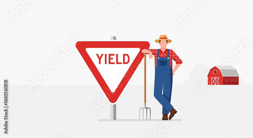 Agriculture Yield Ahead Farmer Standing Next to a Sign And a Barn