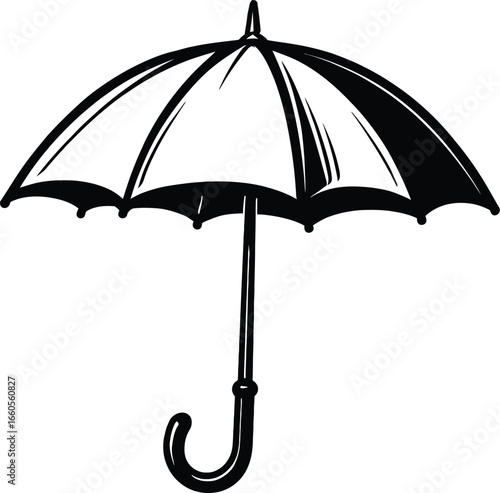 A black and white doodle-style illustration of an open umbrella with a curved handle. Ideal for rainy weather, protection, or accessory themes.