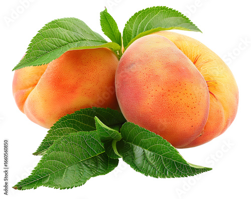 Ripe apricots and peaches with fresh green leaves isolated on white background