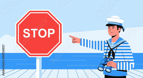 Alert Sailor Indicates To Stop At Sea With Binoculars Vector Illustration