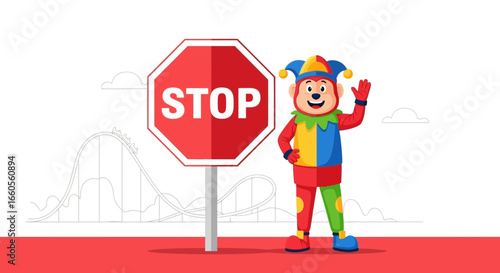Amusement Park Stop Warning With Happy Cartoon Character Mascot Waving Hand