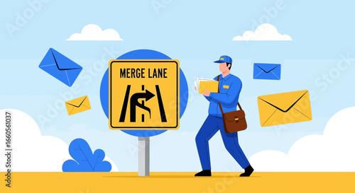 Animated Postman Delivering Mail in Front of Merge Lane Sign with Envelopes