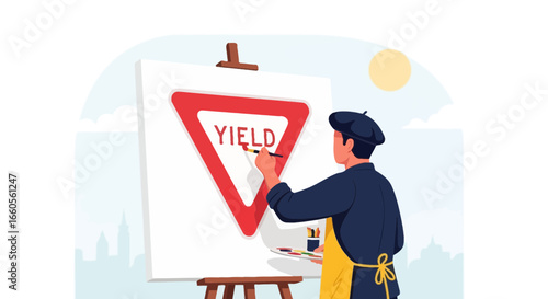 Artist Painting Yield Sign On Canvas With Easel And Painter Equipment