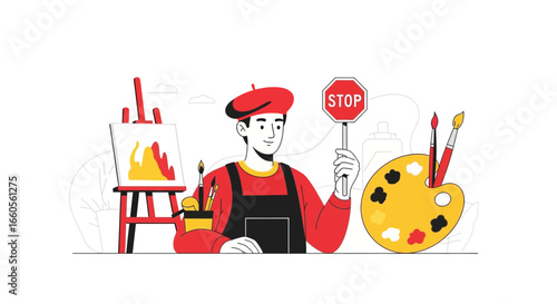 Artistic Expression Interrupted Painter Holds Stop Sign Near Studio Easel