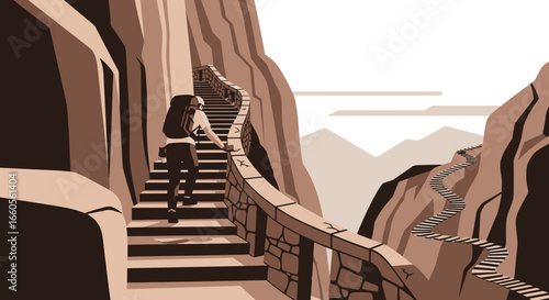 Aspirations Visualized Hiker Conquering Ancient Mountain Pass Steps