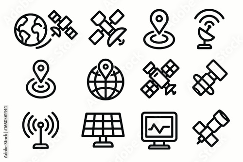 Set of 12 black satellite and navigation icons in flat vector style with white background, ideal for apps, websites, and aerospace projects.