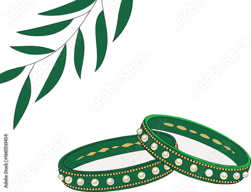 Green Bangles with Pearl Embellishments and Leafy Branch