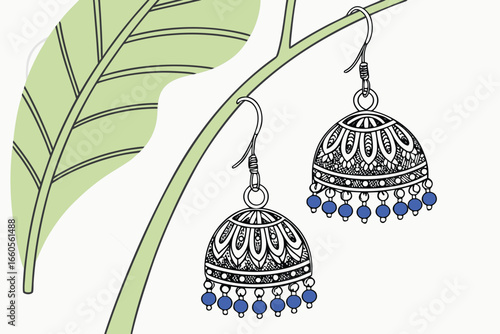 Indian Jhumka Earrings with Blue Beads on a Branch