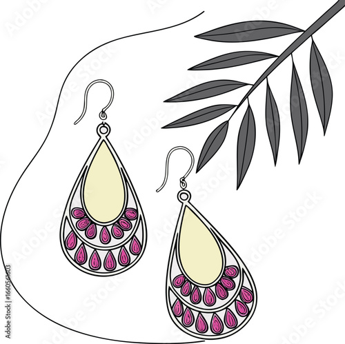 Pair of teardrop earrings with pink accents and leaf detail