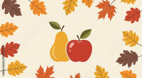 Autumn Fruits And Leaves Still Life For Seasonal Backgrounds And Designs