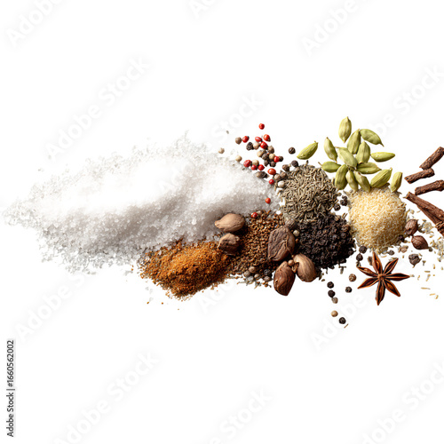 Vibrant culinary ingredients including coarse salt, peppercorns, cardamom, star anise, and cinnamon sticks create an aromatic display for food enthusiasts.