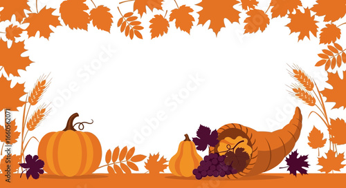 Autumnal Harvest Background With Leaves Pumpkins And Cornucopia Decoration