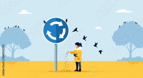 Autumnal Scene Of Girl Feeding Birds In Open Landscape With Roundabout Sign