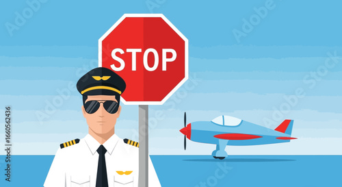 Aviation safety illustration depicting a pilot standing near a stop sign and plane