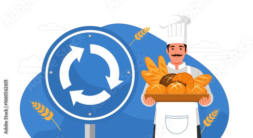 Baker with Roundabout Sign Promoting Fresh Bread and Continuous Business Process